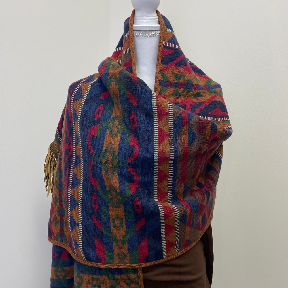 VTG JH Collectibles Southwestern Knit Shawl Wrap Scarf Fringe Trim Geometric - Picture 5 of 14